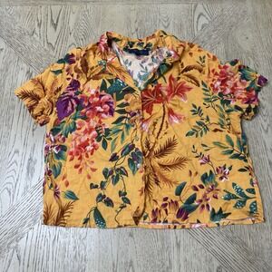 Rachel Roy Large Linen Blend Floral‎ Short Sleeve Cropped Button Front Shirt